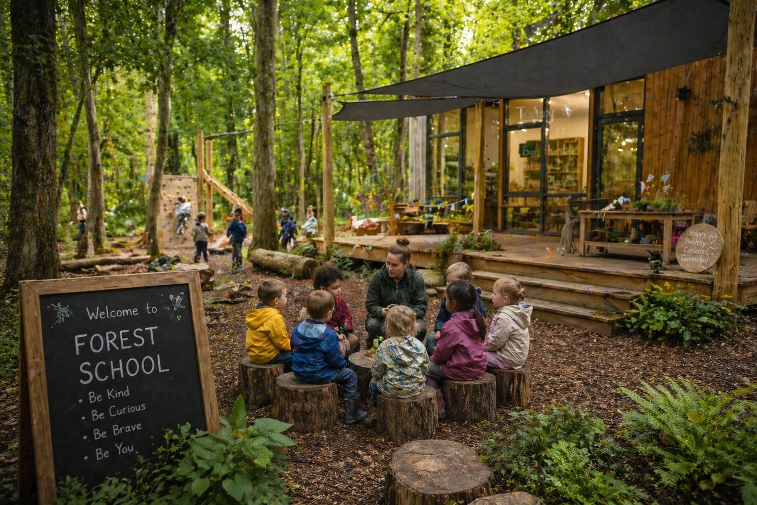 Children learning outdoors at Blue Nest Forest School